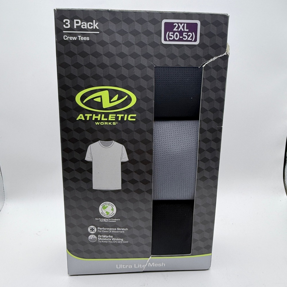 Athletic Works Crew Tees Mens 2XL 3-Pack Ultra Lite Mesh Black Grey